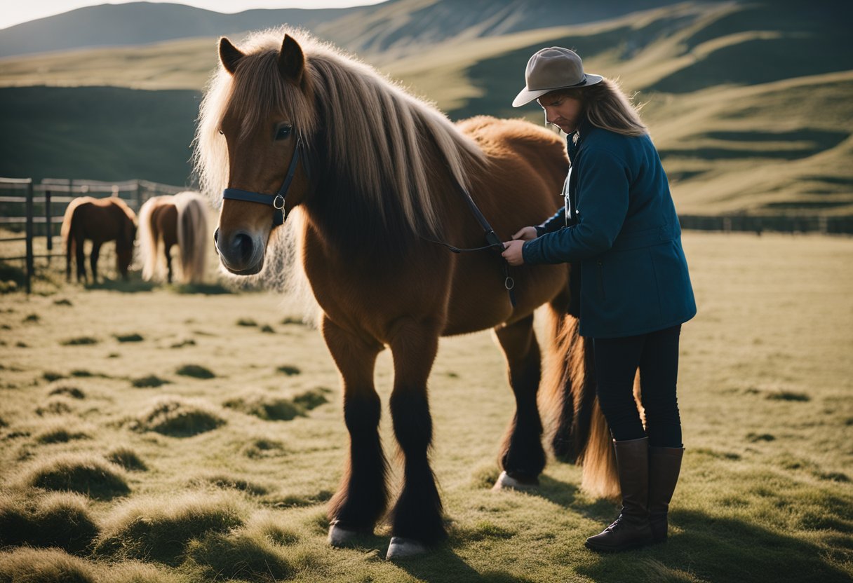 En islandsk hest blir stelt og tatt vare på i en rolig, landlig setting