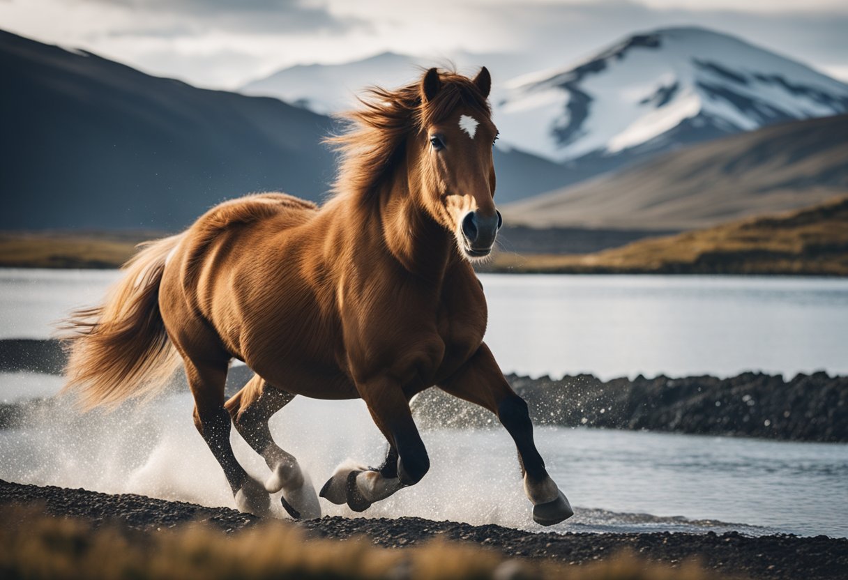 En majestetisk islandsk hest som galopperer gjennom et røft landskap, med snødekte fjell i bakgrunnen og en brusende elv som skjærer gjennom terrenget.