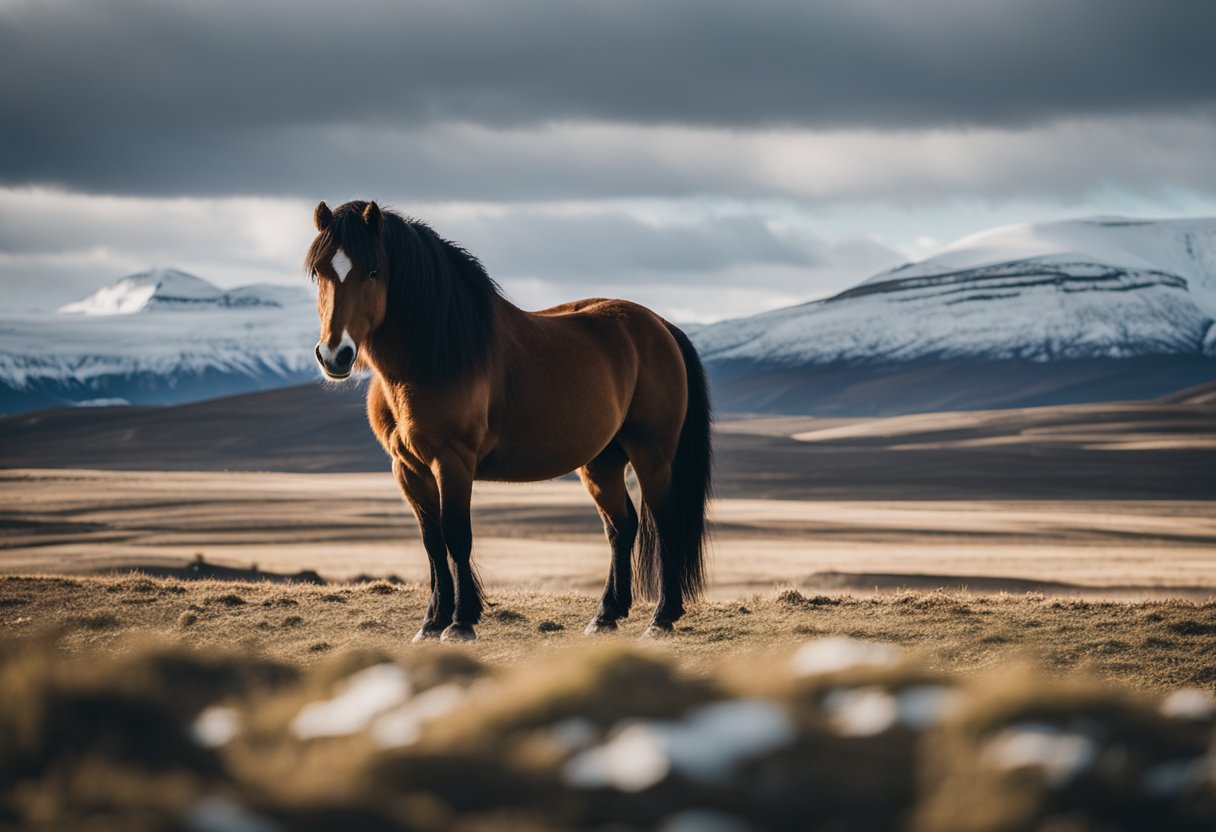 En majestetisk islandsk hest står stolt midt i et røft, vindblåst landskap, med snødekte fjell i det fjerne