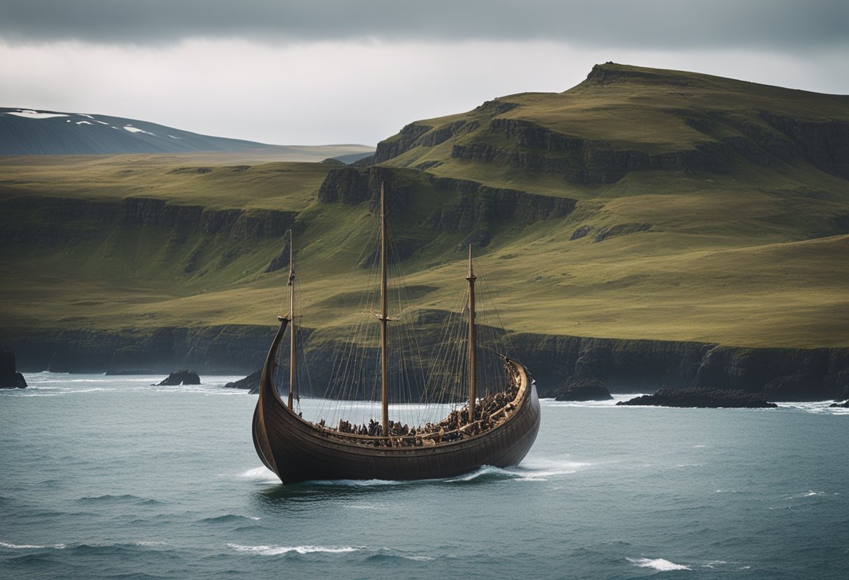 Et vikingskip seiler langs en røff kystlinje med islandske hester som beiter i bakgrunnen
