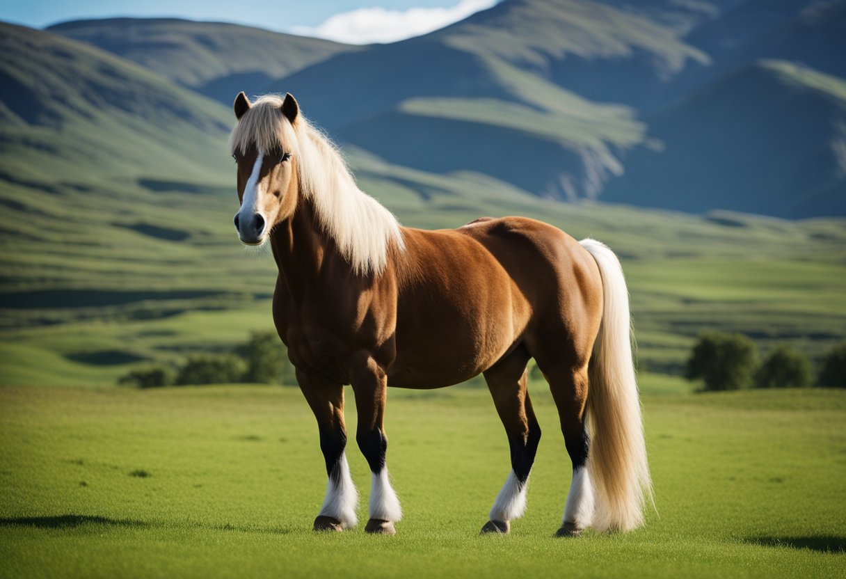 En moderne islandsk hest som står i et frodig grønt felt, med en bakgrunn av robuste fjell og en klar blå himmel