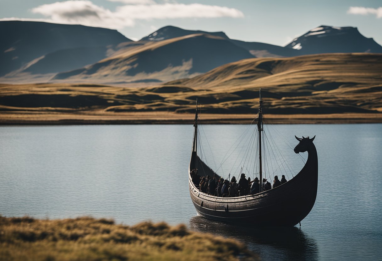 Et vikingskip seiler mot et moderne islandsk landskap, med silhuetten av den islandske hesten i forgrunnen