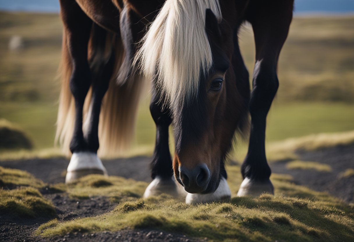En islandsk hest som navigerer i røft terreng, dens hover tilpasser seg det ujevne underlaget, mens den blir stelt og tatt vare på av en trener.