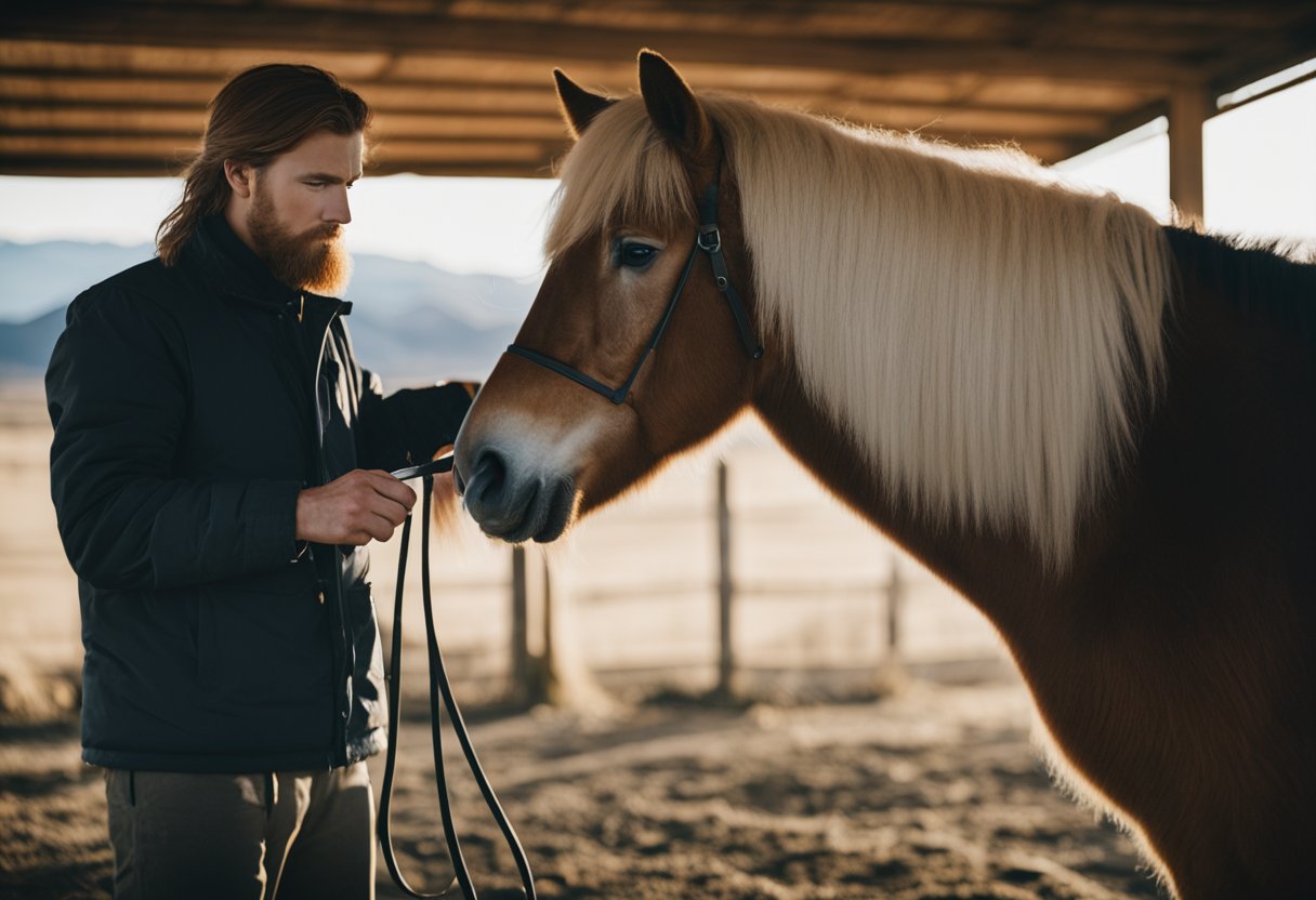 En islandsk hest som blir stelt i en fredelig, naturlig setting
