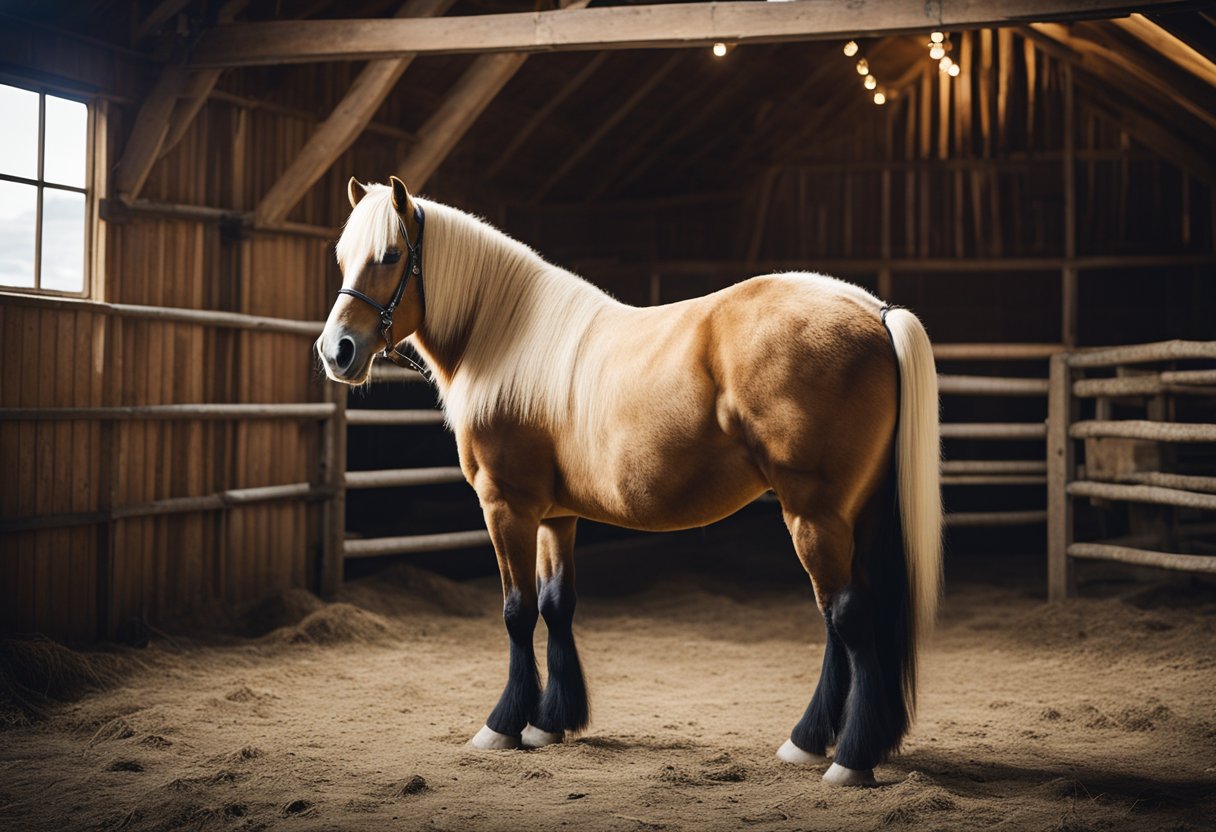 En fredelig islandsk hest som blir stelt i en enkel låveinnstilling