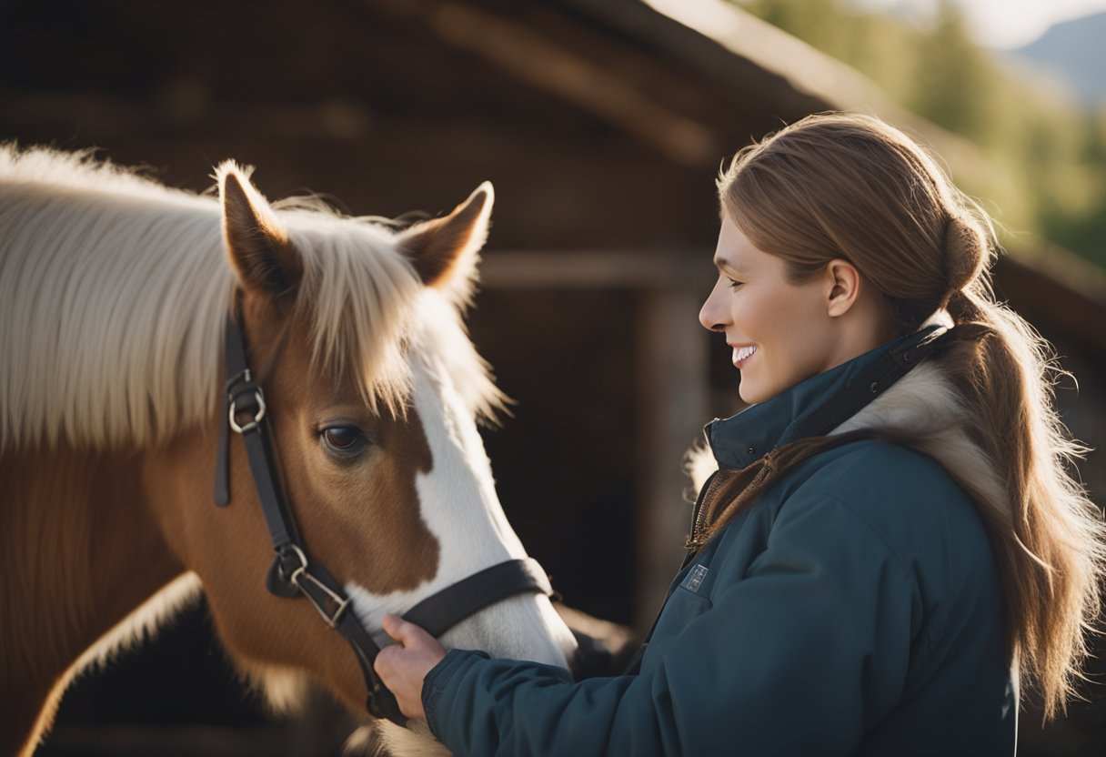 En fredelig, rustikk låveinnstilling med en tilfreds islandsk hest som får mild omsorg og oppmerksomhet fra en omsorgsperson