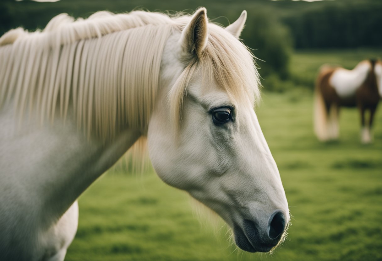 En islandsk hest som beiter i en frodig, grønn eng, mens en omsorgsperson gir forebyggende behandling som avmasking og vaksinasjoner.