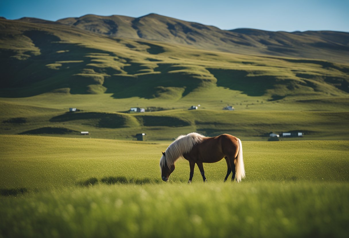En islandsk hest som beiter i en frodig grønn eng, med en klar blå himmel og fjell i bakgrunnen