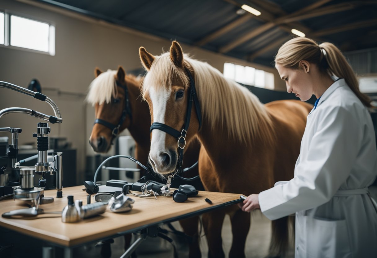 En islandsk hest som får behandling av en veterinær, omringet av ulike medisinske utstyr og rehabiliteringsverktøy
