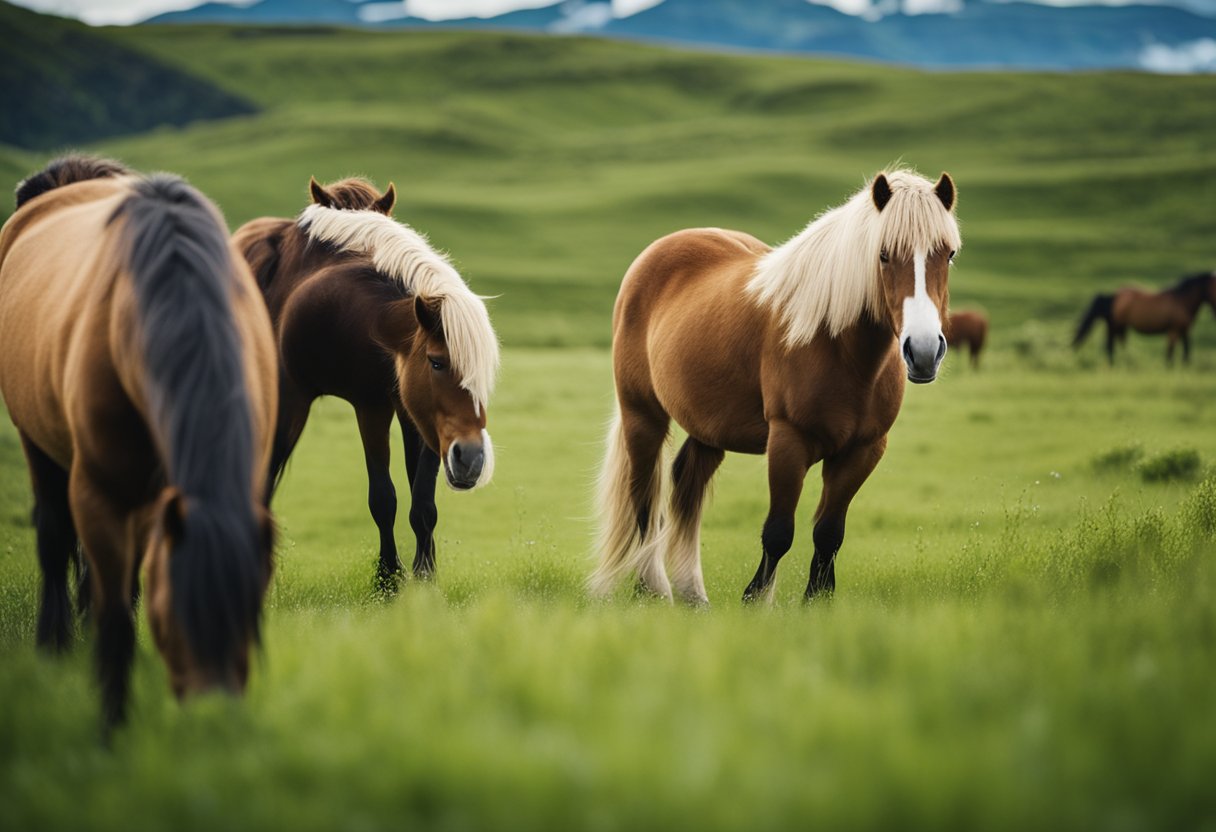 En flokk med islandske hester beiter i et frodig grønt felt, med en klar blå himmel over. En hest skiller seg ut, og får pleie av en veterinær.