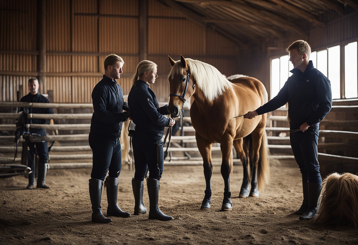 En gruppe islandske hester som blir forberedt til konkurransetrening i en rustikk låveomgivelse, med håndterere som steller og saler hestene.