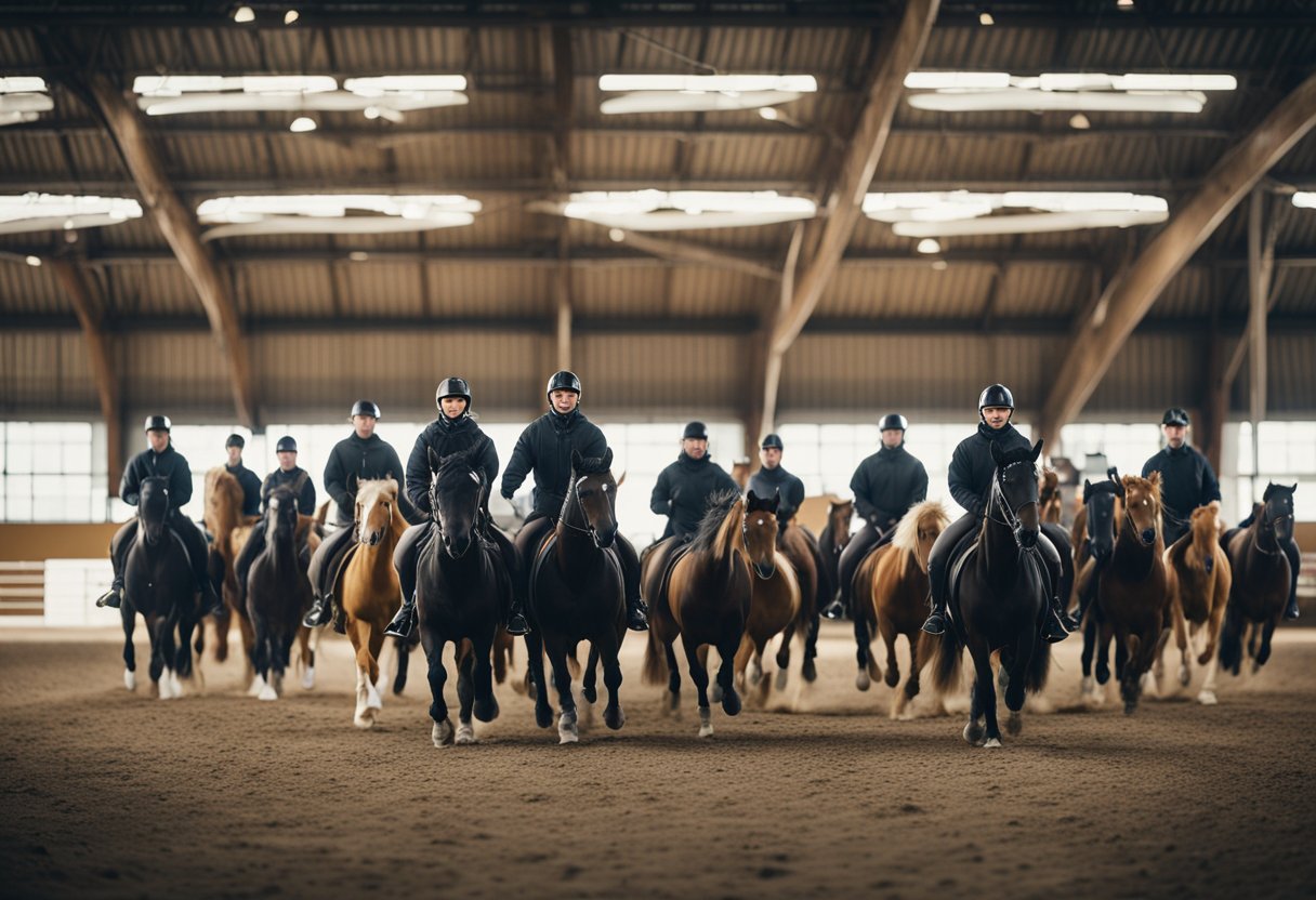 En instruktør leder en gruppe islandske hester gjennom konkurranseøvelser i en romslig, godt opplyst arena.