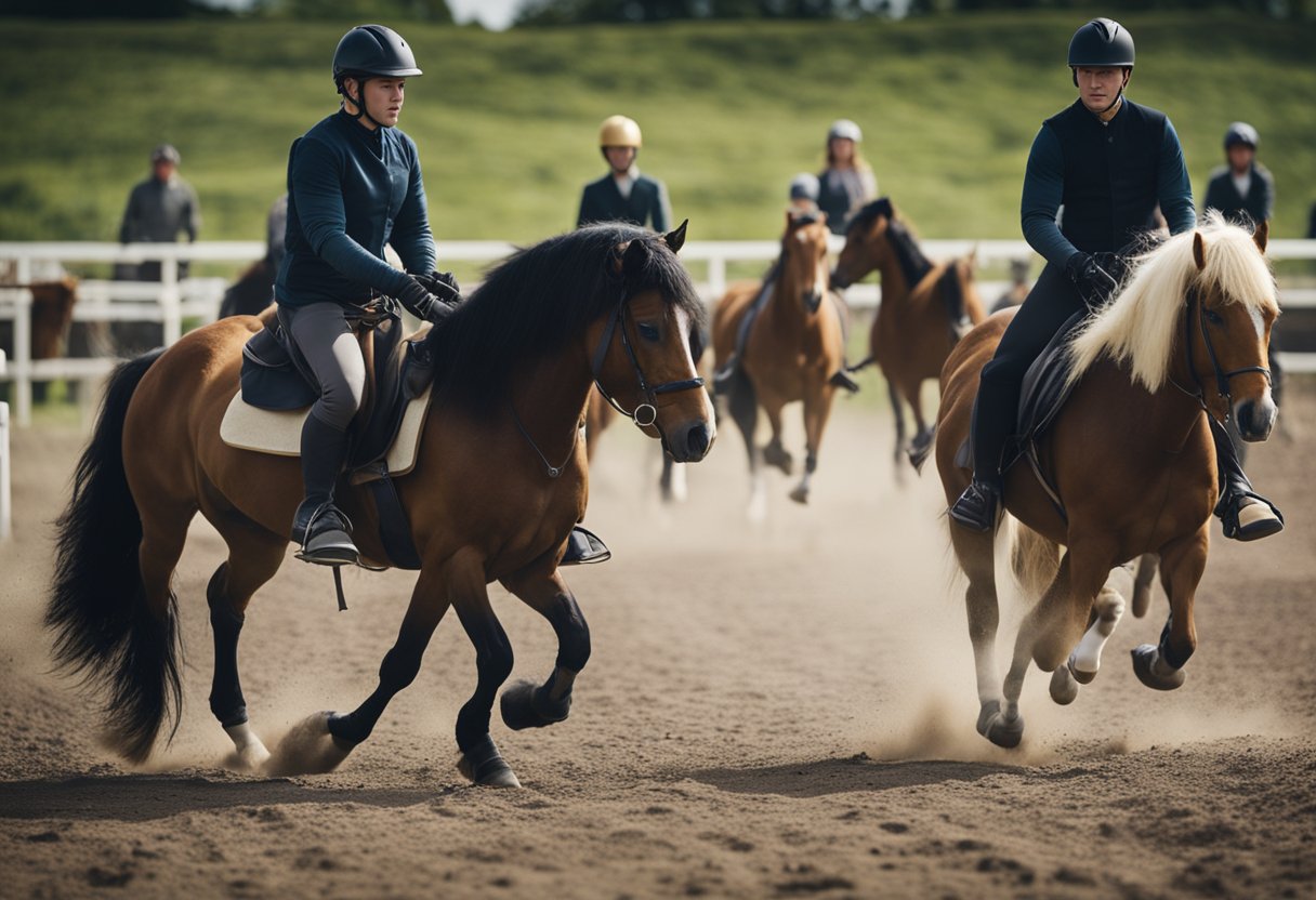 En gruppe islandske hester trener i en konkurransesituasjon, med ryttere som guider dem gjennom ulike hindringer og utfordringer.