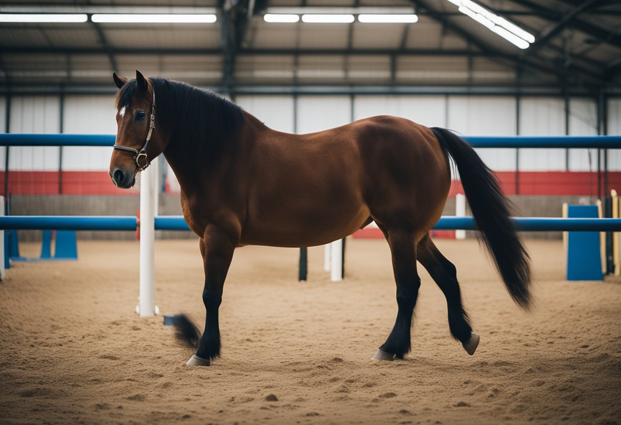 En islandsk hest trener i en moderne innendørsarena med spesialisert utstyr og hindringer