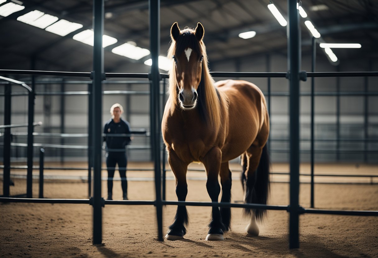 En islandsk hest som blir trent i et moderne anlegg, med utstyr og verktøy for trening og kondisjonering.