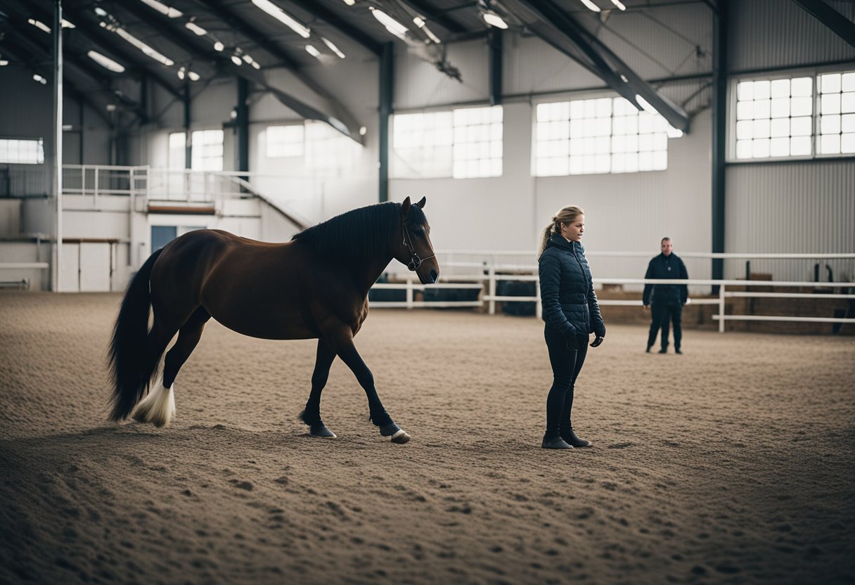 Et moderne treningsprogram for islandske hester som gjennomføres i en romslig innendørs arena med naturlig belysning og forskjellige hinder.