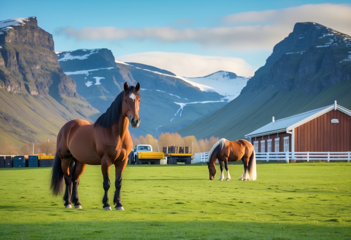 En islandsk hest i en grønn eng med vulkanske fjell i bakgrunnen, og en norsk hest ved en tradisjonell stall ved en fjord.