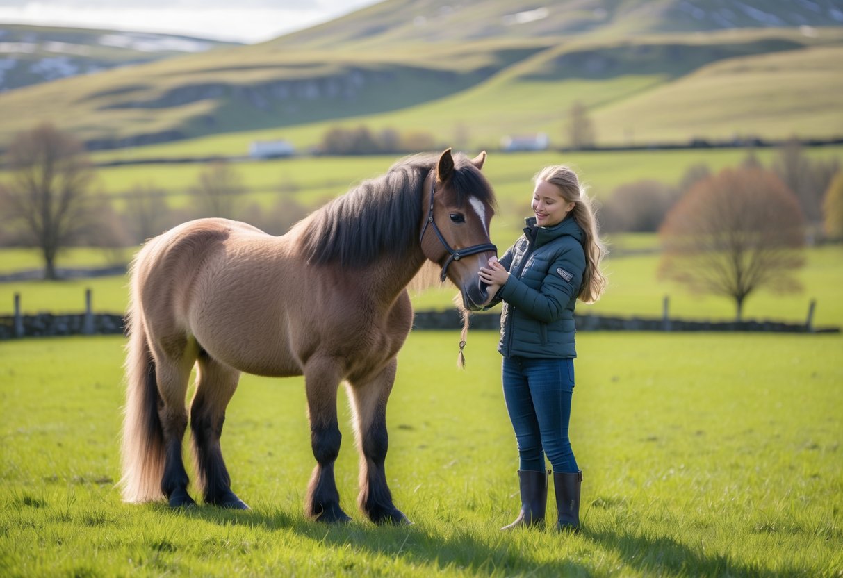 En ung person som kjærlig klapper en ung islandshest i en grønn eng med åser i bakgrunnen.