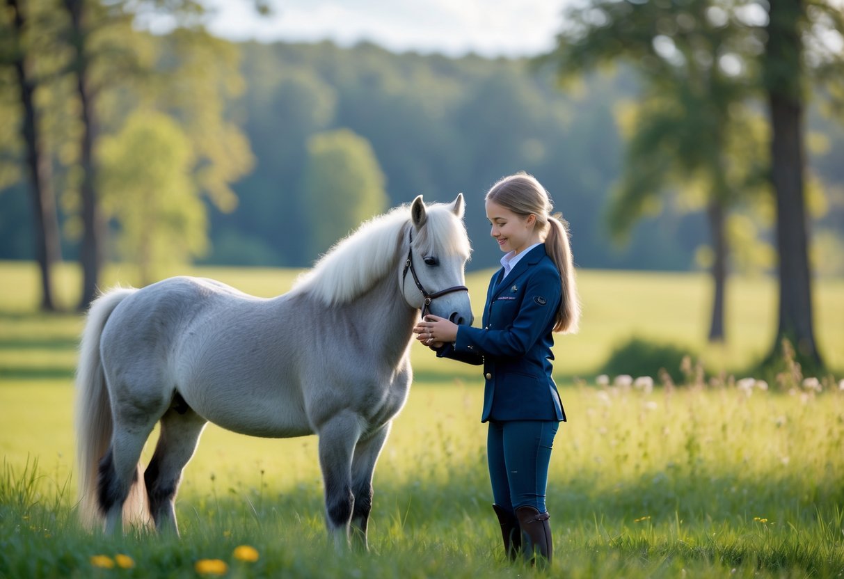 En ung person som forsiktig klapper en ung islandshest i en grønn eng med trær i bakgrunnen.