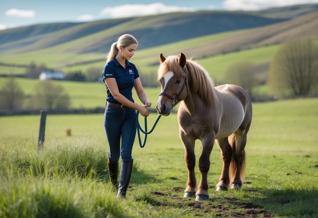 En ung kvinne som forsiktig samhandler med en ung islandshest i en grønn eng med åser i bakgrunnen.