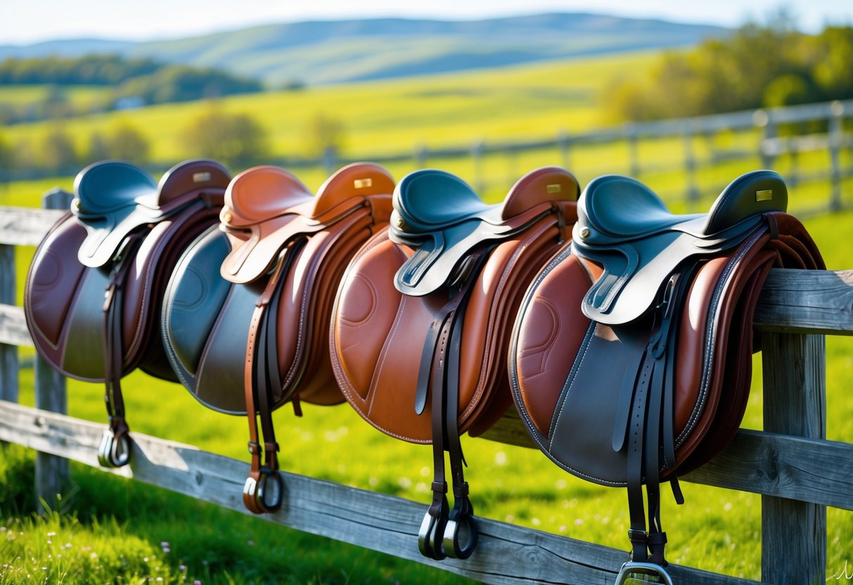 Fem forskjellige saler for islandshest hengt over et gjerde i et grønt beite med åser og blå himmel i bakgrunnen.