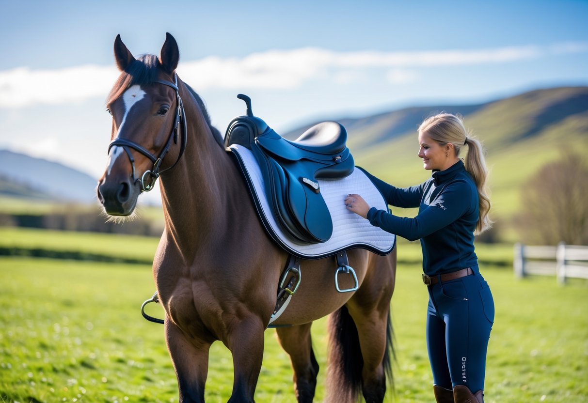 En islandshest i en grønn eng med en person som justerer salen på hesten.