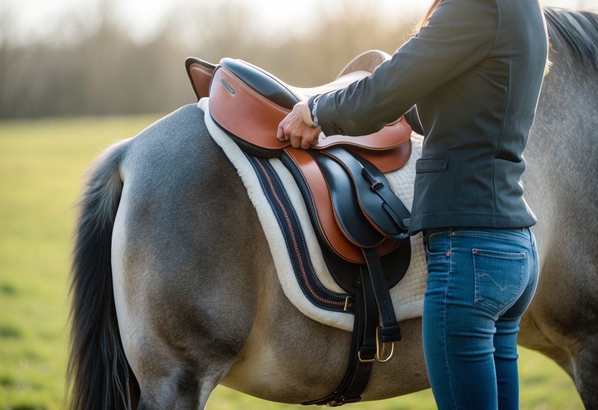 En islandshest utendørs med en sal som sklir litt, og en person som justerer salgjorden.