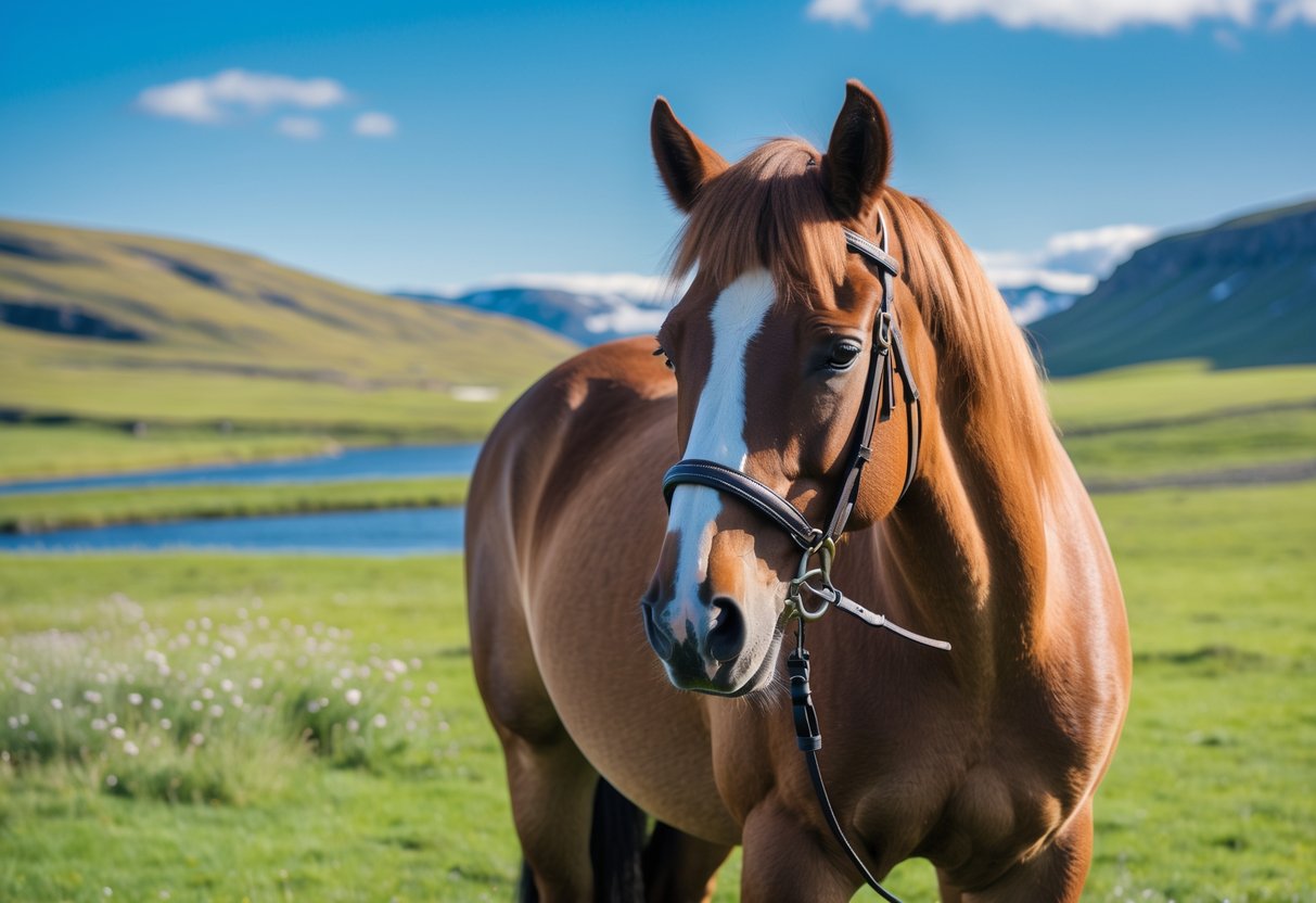 En islandshest står rolig i en grønn eng med et islandstangbitt i munnen, omgitt av natur og blå himmel.
