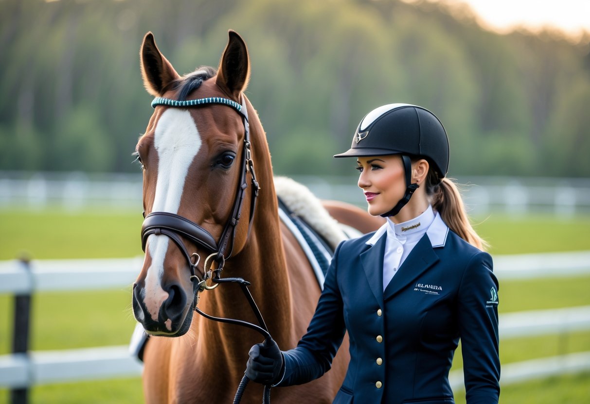 En islandsk hest med islandstangbitt i munnen ute på en grønn eng, holdt av en rytter i rideklær.