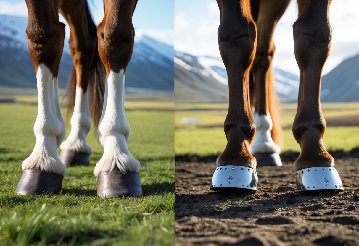 En islandshest står ute i naturen med synlige hover, den ene siden viser naturlige barfot hover, den andre siden viser hover med sko.
