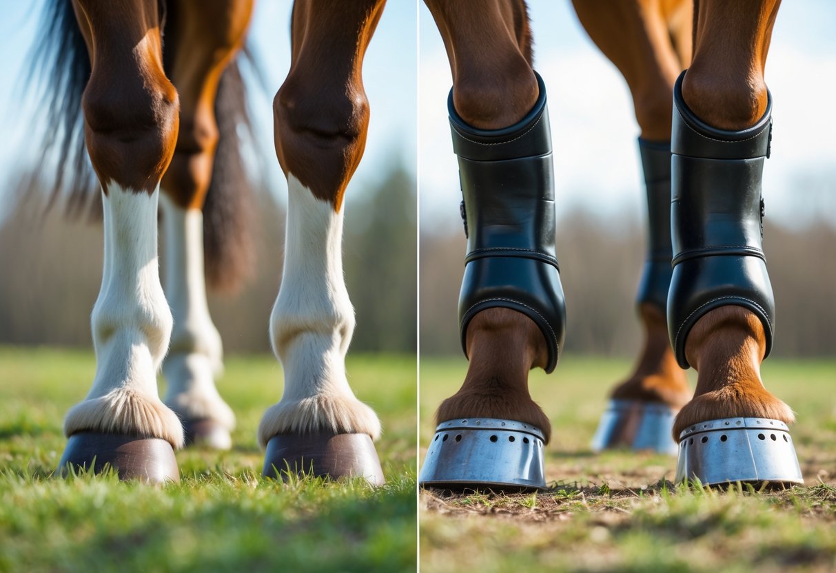 En islandshest står rolig i en gresskledd eng, med fokus på hovene som viser både barfot og sko.