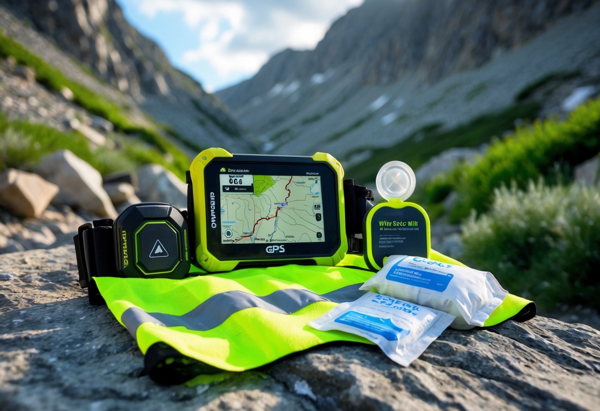 Sikkerhetsutstyr for turryttere lagt ut på en stein i fjellet med GPS, refleks og førstehjelpsutstyr.