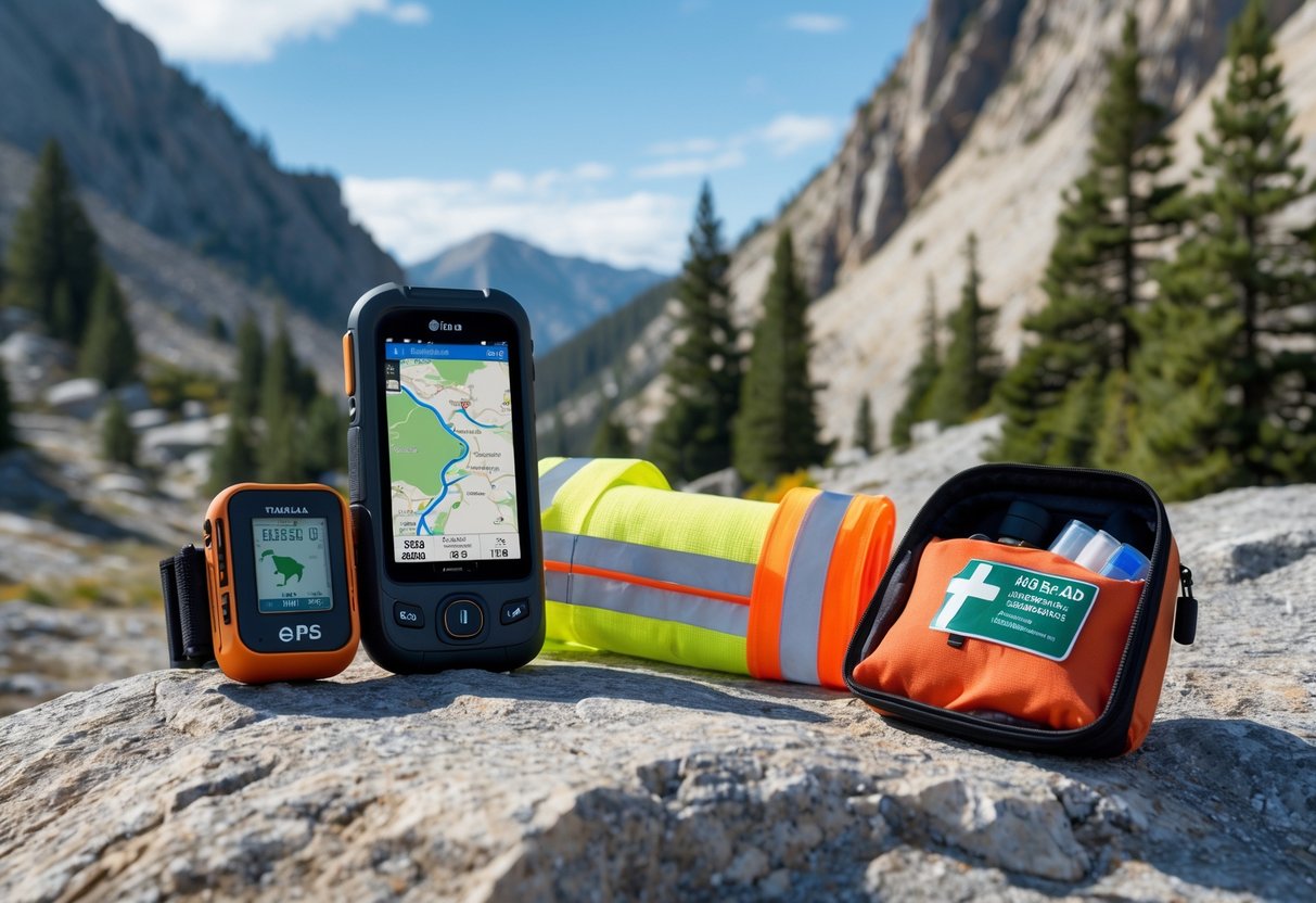 Sikkerhetsutstyr for turryttere lagt frem i fjellet med fjellandskap i bakgrunnen.