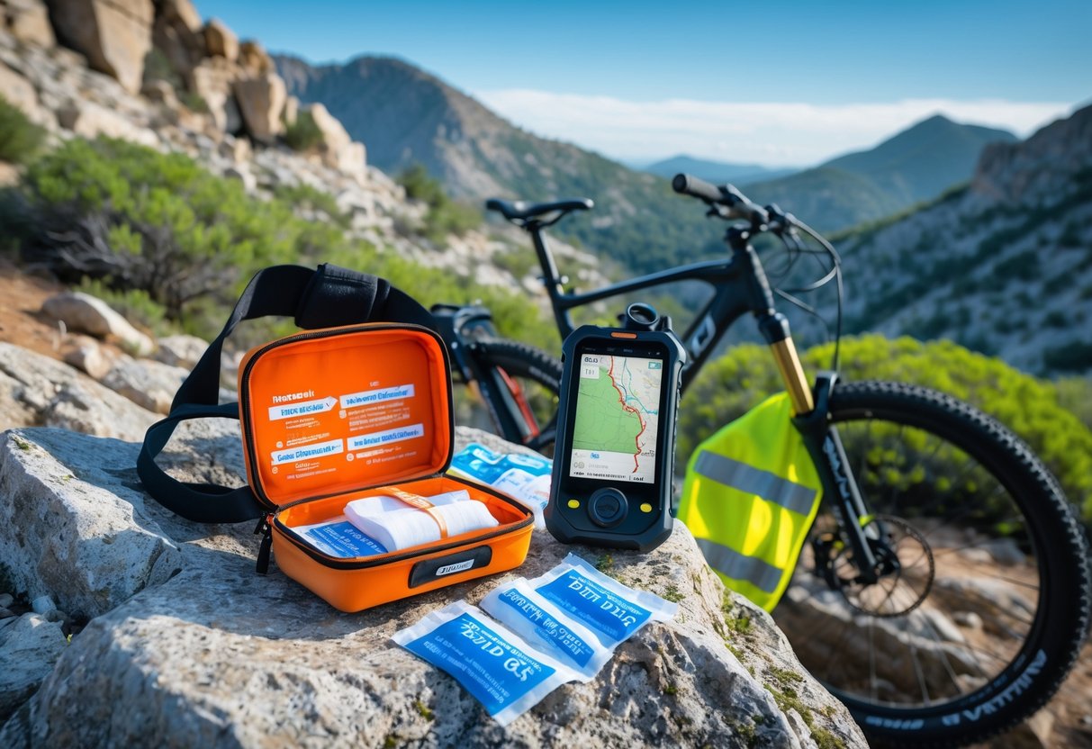 Førstehjelpsutstyr, GPS og refleks ved siden av en terrengsykkel i fjellet.
