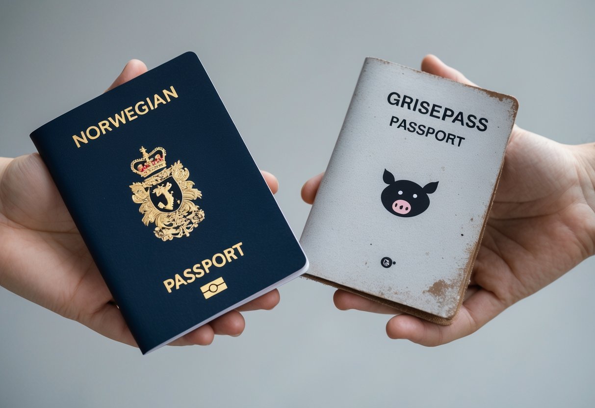 To hender holder en norsk pass og et grisepass side om side mot en nøytral bakgrunn.