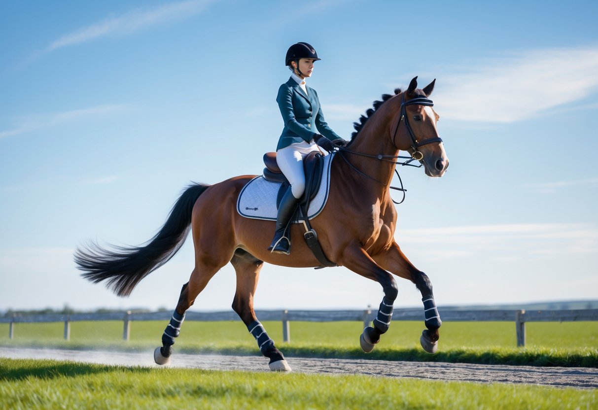 Rytter på islandshest som utfører en jevn overgang i tølt i et grønt åpent landskap.