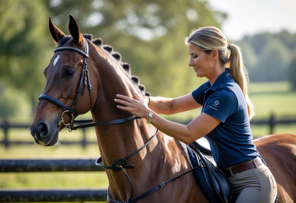 En hest som går i tølt med en rytter som utfører øvelser for å løsne opp i nakke og rygg.