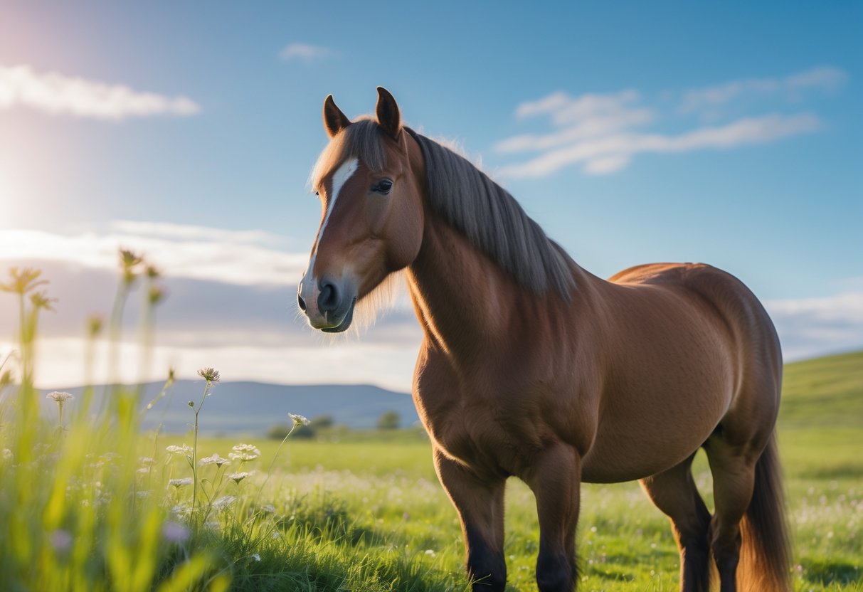 En islandshest står rolig på en grønn eng under solfylt sommerhimmel.