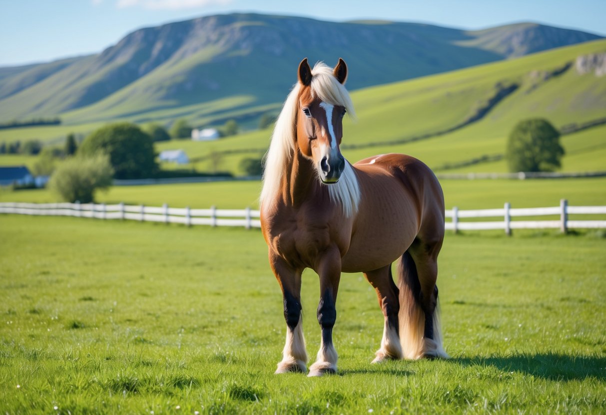 En islandshest som står rolig på en grønn eng på en solrik sommerdag.