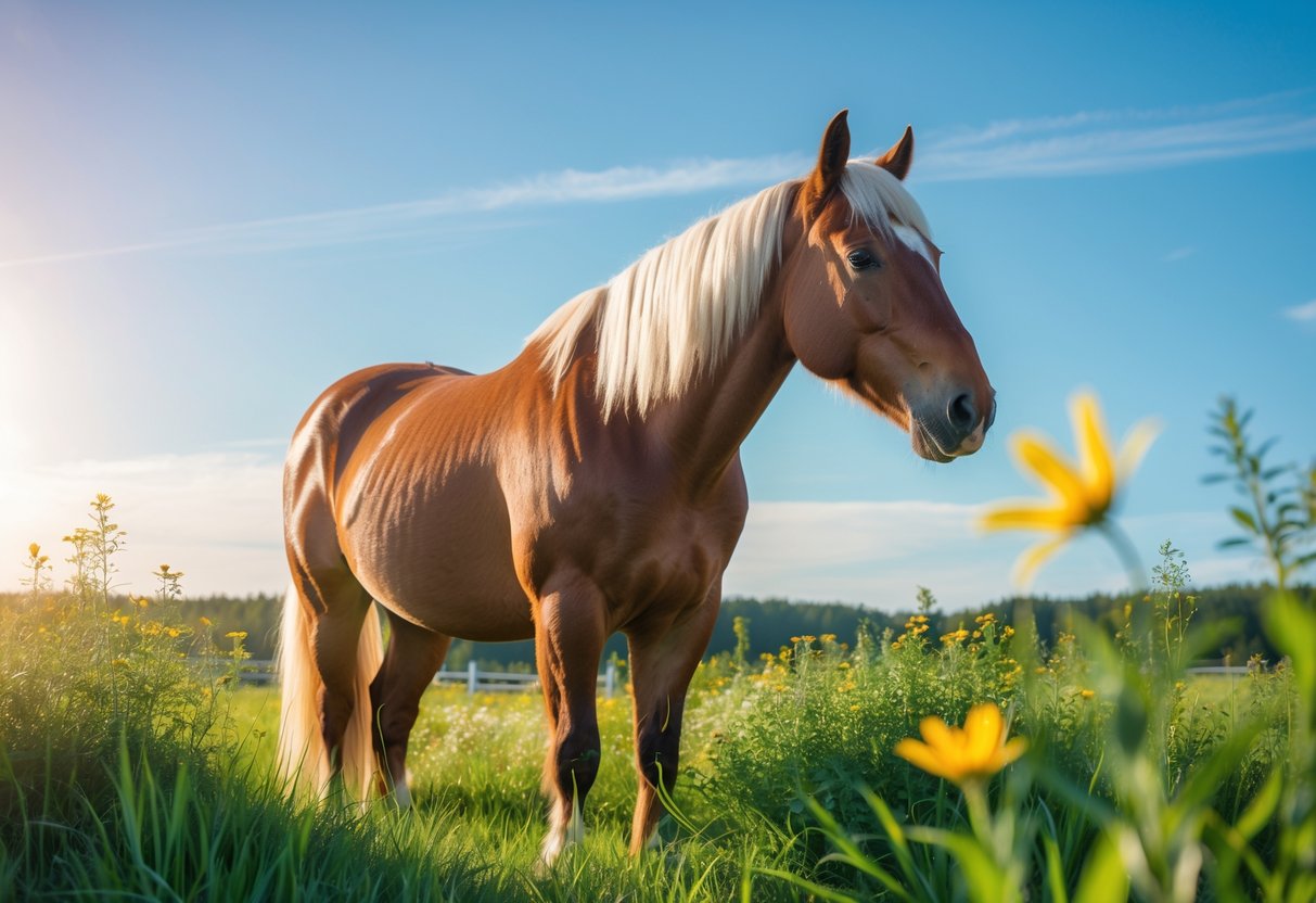 En frisk islandshest som står rolig i en grønn eng på en solrik sommerdag.