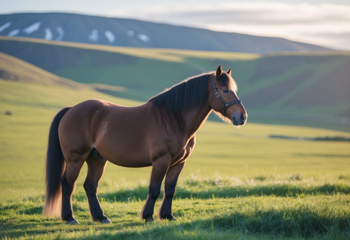 En islandshest som står rolig på en grønn eng med åser i bakgrunnen.