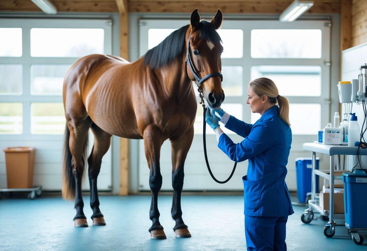 En veterinær undersøker forsiktig bena til en islandshest i en lys og ryddig stall.