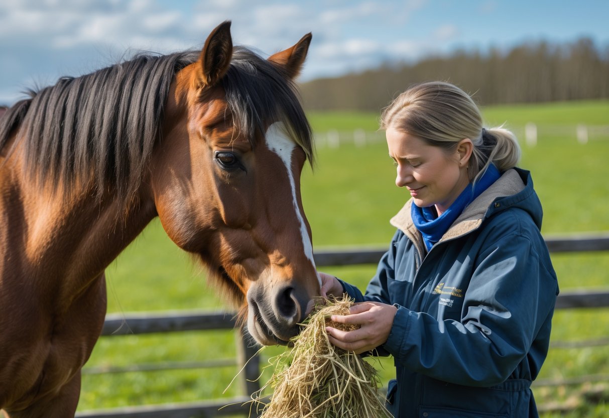 En person mater en islandshest i en grønn eng.