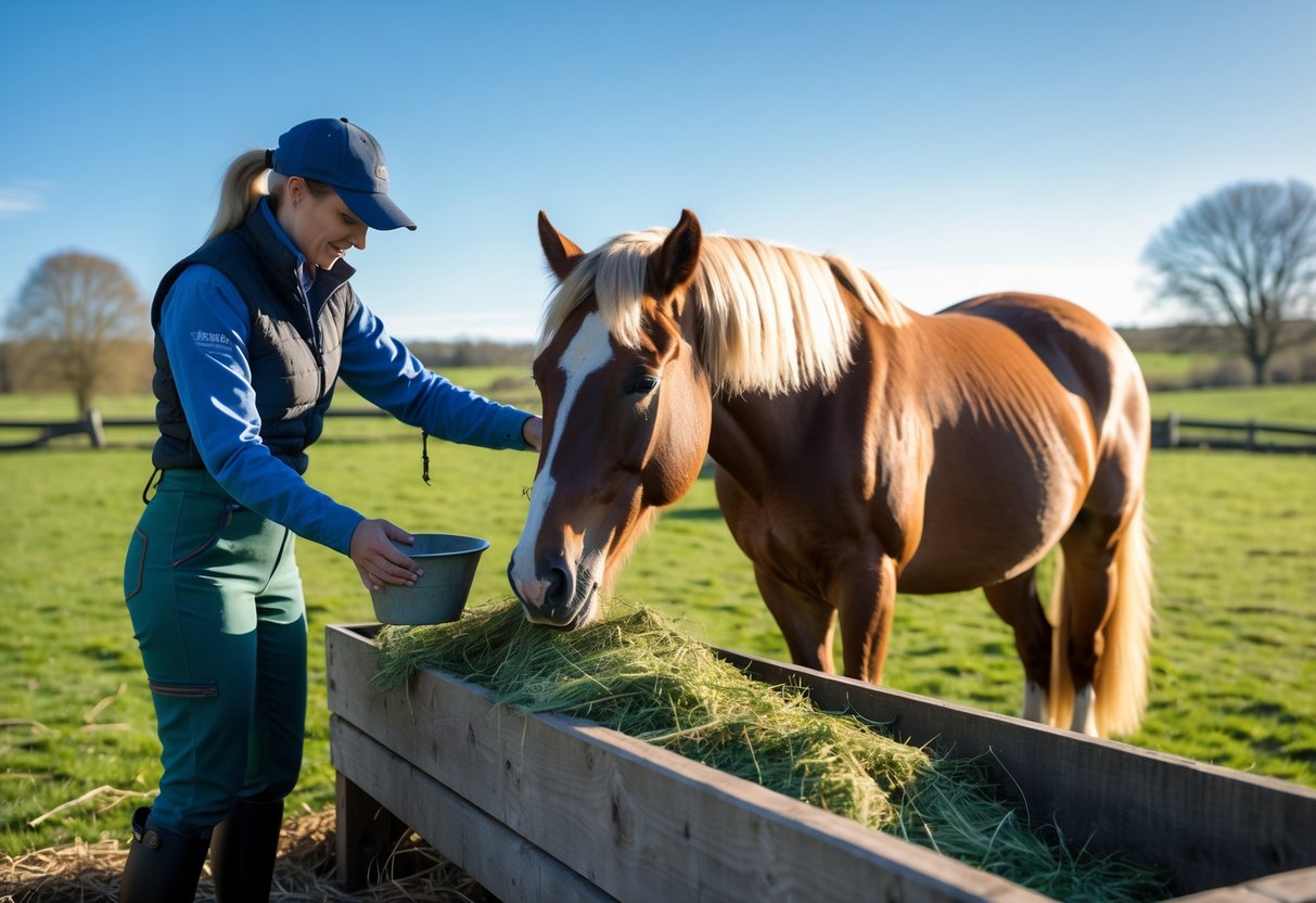 En islandshest spiser høy fra en fôringskrybbe utendørs mens en person gir fôr for å forebygge forfangenhet.