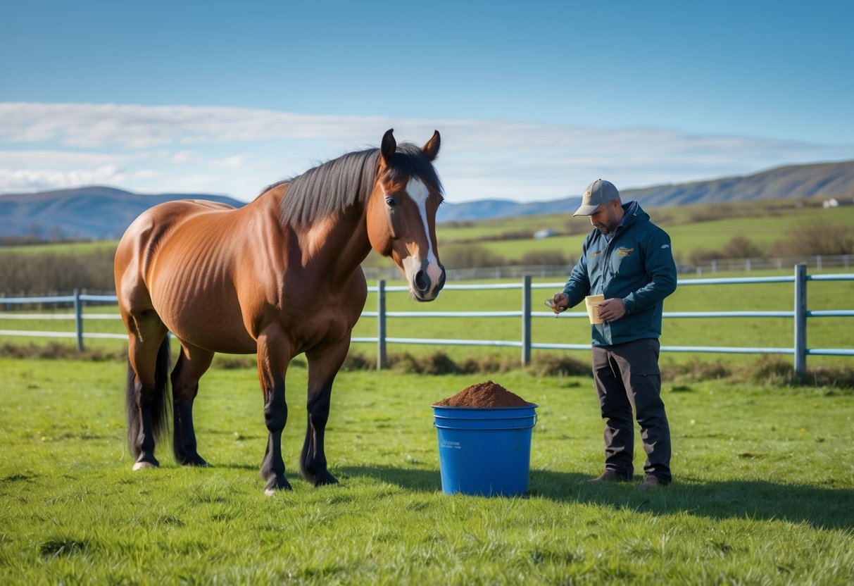 En islandshest som beiter i en grønn eng med en person som sjekker hestefôr i en bøtte på en gård.