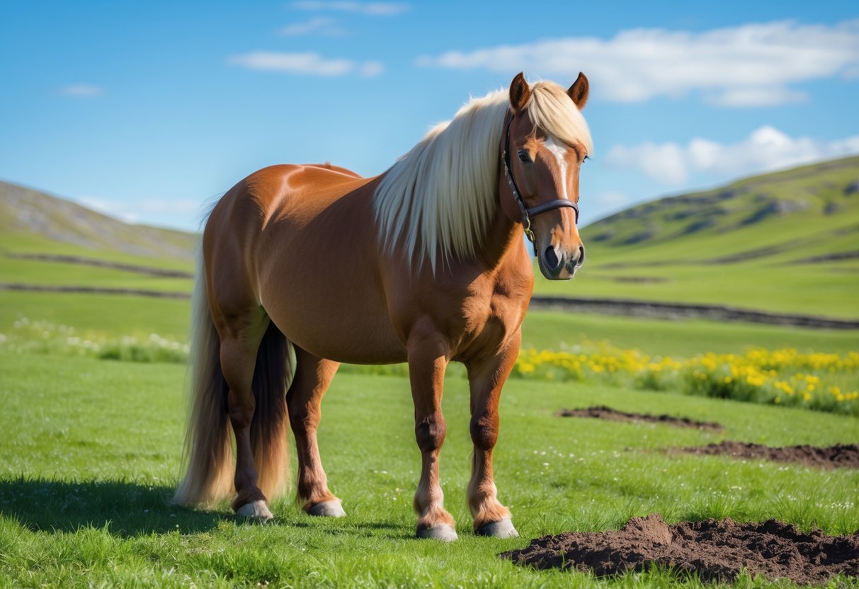 En islandshest står ute i en grønn eng med bakgrunn av åser og blå himmel.