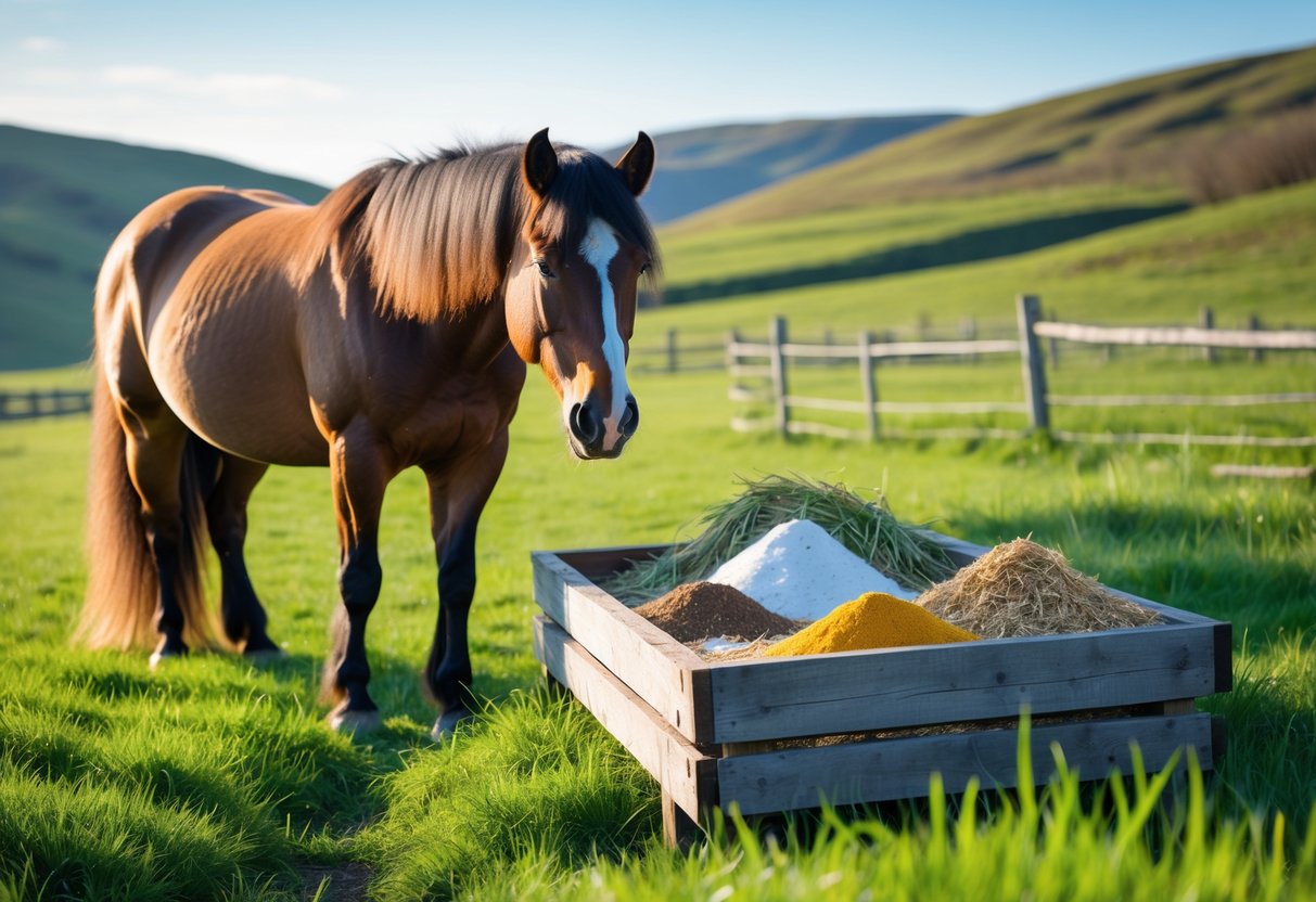 En islandshest som beiter i en grønn eng med en fôrtraug i nærheten.
