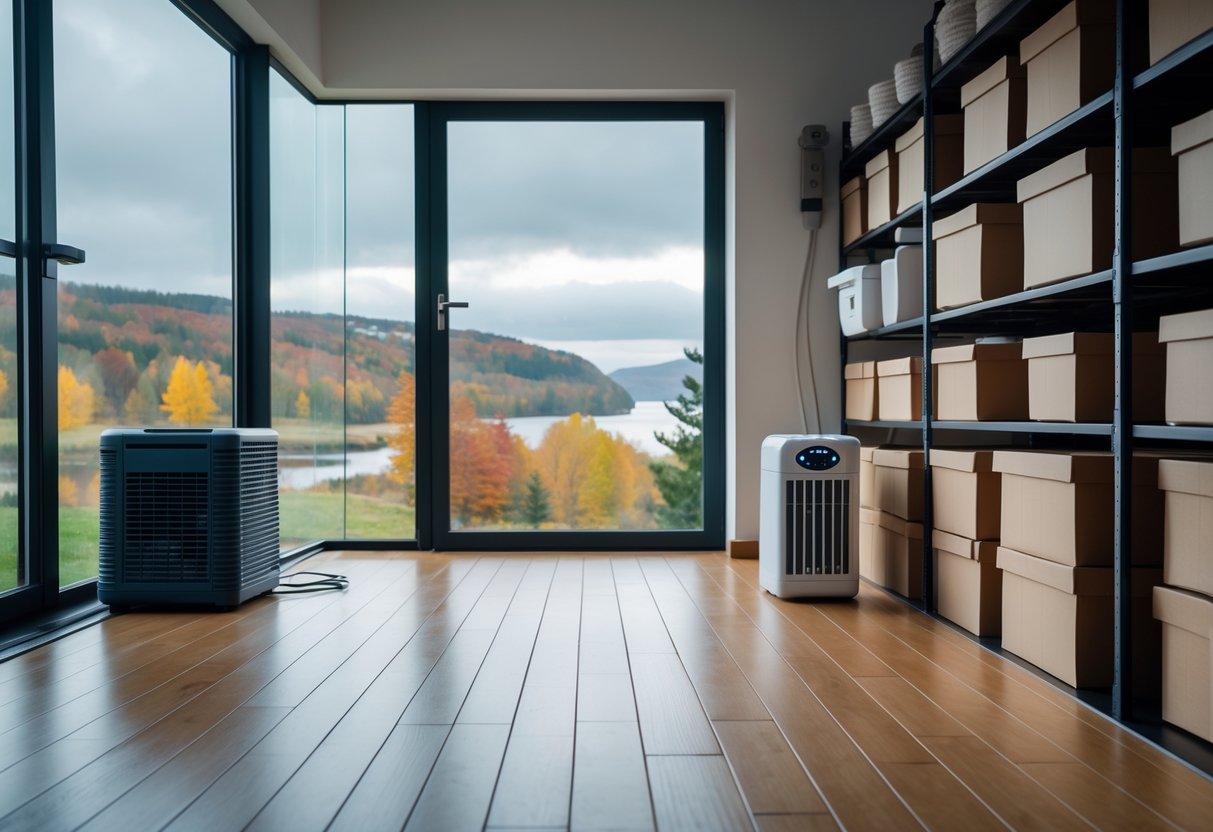 Et lyst rom med store vinduer som viser høstvær ute, med ordnede esker og fuktighetskontroll innendørs.