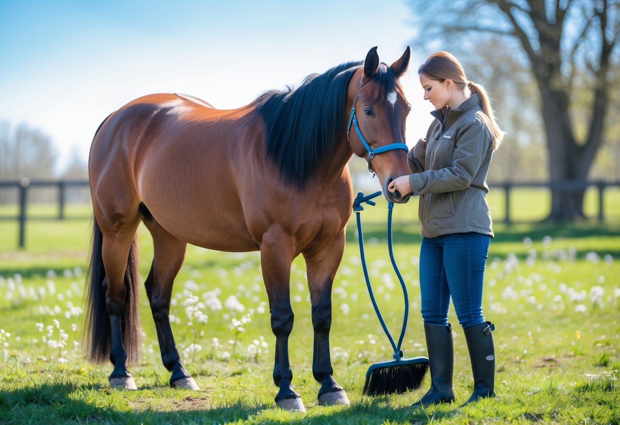 En person børster en hest utendørs på våren, med grønt gress og blomster rundt.