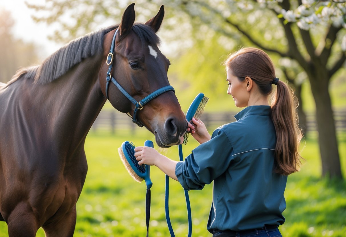 En person som børster en hest utendørs i en grønn, blomstrende vårhage.